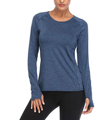 VUTRU Camiseta Deportiva Mujer Tops de Manga Larga de Running Camisetas de Yoga con Orificios para Los Pulgares Azul S