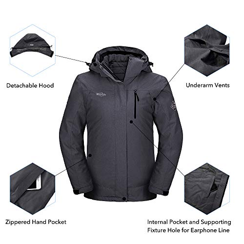 Wantdo Chaqueta de Esquí Deportiva al Aire Libre Parka con Capucha Forro Polar Cálida Chaqueta Impermeable Antiviento Cazadora Nieve Snowboard Invierno para Mujer Gris Oscuro X-Large