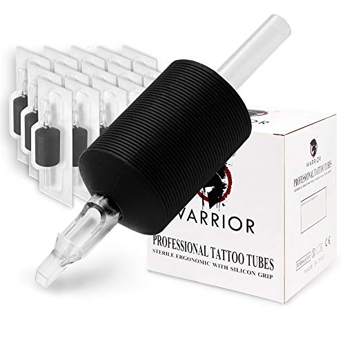 WARRIOR Tubos de Tatuaje Estériles Tattoo Grip Empuñadura Desechable con punta larga en Goma Blanda Profesional Antideslizante 30mm Magnum Flat Pack de 15 piezas (1.2/9F)