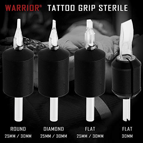 WARRIOR Tubos de Tatuaje Estériles Tattoo Grip Empuñadura Desechable con punta larga en Goma Blanda Profesional Antideslizante 30mm Magnum Flat Pack de 15 piezas (1.2/9F)