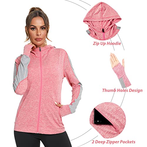 Wayleb Sudadera Mujer con Cremallera Chaquetas Deportivos Mujer con Capucha Chaqueta de Deporte Mujer con Agujeros para los Pulgares para Running Fitness