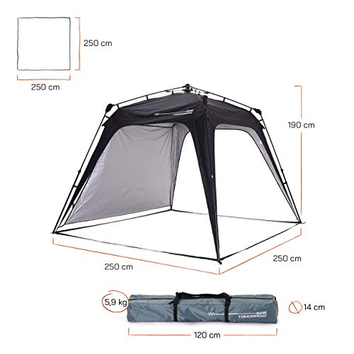 Where Tomorrow Gazebo de Camping + 1 Pared Lateral Incluida - Carpa Plegable para Acampada, Jardín o Terraza – Cenador Impermeable para Exteriores – 2.5 x 2.5 x 1.9 Metros / Negro