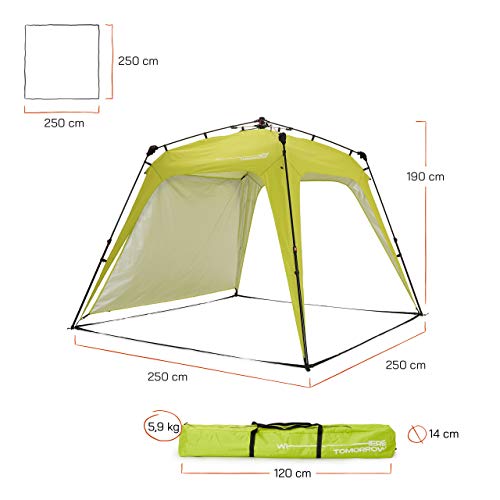 Where Tomorrow Gazebo de Camping + 1 Pared Lateral Incluida - Carpa Plegable para Acampada, Jardín o Terraza – Cenador Impermeable para Exteriores – 2.5 x 2.5 x 1.9 Metros / Verde