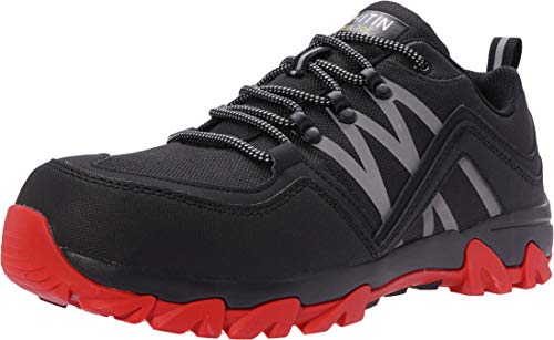 WHITIN Zapatos de Seguridad Hombres Zapatillas de Trabajo con Punta de Acero Ultra Liviano Reflectivo Anti-Deslizante Transpirable Zapatos de Industriay Construcción Negro Rojo 41 EU