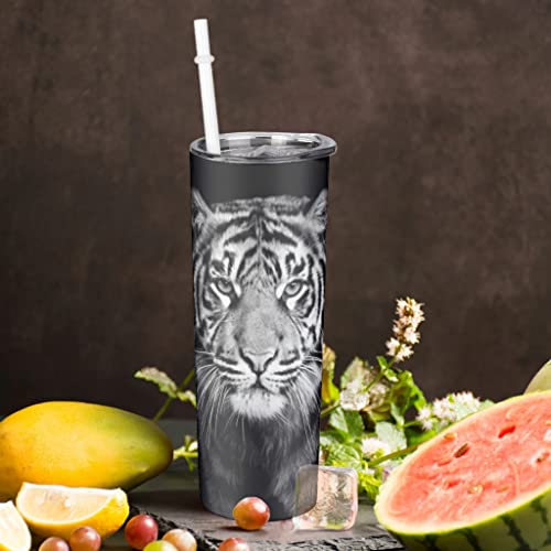 Wild Tiger - Vaso de doble pared con tapa y pajita de acero inoxidable flaco termo recto adecuado para portavasos de coche, color blanco 600 ml (20 oz)