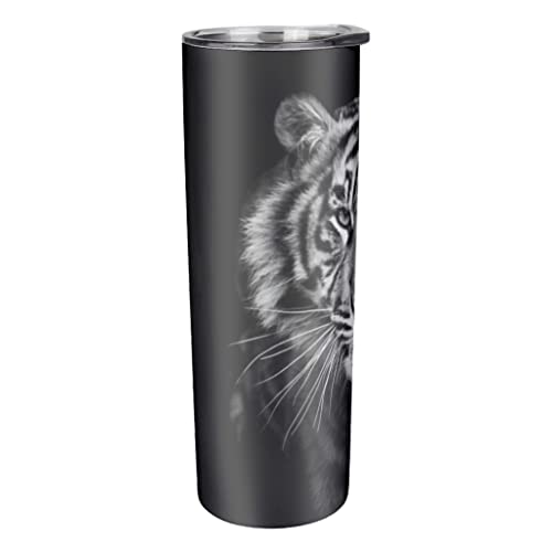 Wild Tiger - Vaso de doble pared con tapa y pajita de acero inoxidable flaco termo recto adecuado para portavasos de coche, color blanco 600 ml (20 oz)