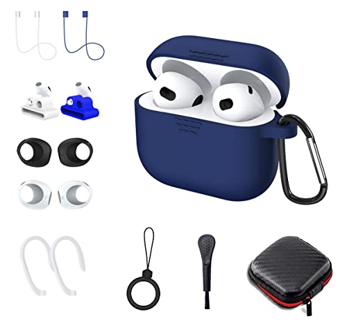 WUZUN Silicona Protectora Funda para AirPods 3 Gen, 12 en 1 Juego de Accesorios para Apple Airpod 3 Gen con Punta para la oreja/Gancho para la oreja/Soporte para correa de reloj/Cepillo/Llavero (Azul)