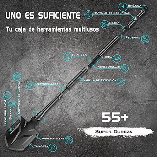 YANTOO Pala 24 en 1 para acampar y senderismo, mango de pala mucho más largo (83 cm), cabezal de pala extra grande, pala multifuncional desmontable plegable para exteriores, pesca, emergencia de coche