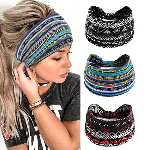 Yean Diadema bohemia ancha con banda de pelo azul, bufandas de cabeza elástica, turbante anudado, accesorios para mujeres y niñas (paquete de 3)