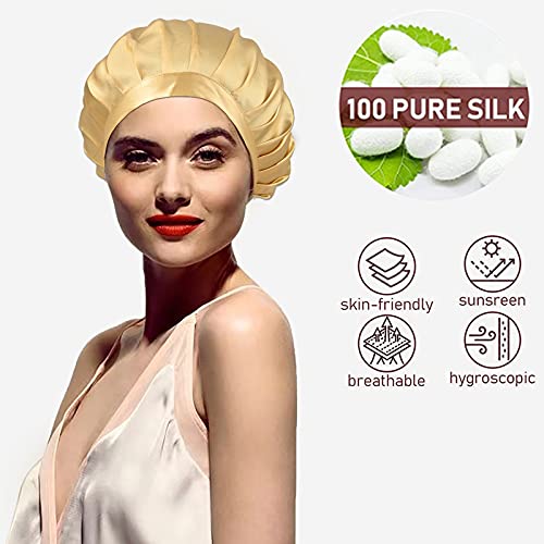 YMHPRIDE 2 paquetes Gorro de dormir 100% seda de morera Gorro de noche con envoltura para el cabello Silk Cover,19 Momme Suave transpirable con antifaz para dormir-C