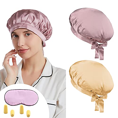 YMHPRIDE 2 paquetes Gorro de dormir 100% seda de morera Gorro de noche con envoltura para el cabello Silk Cover,19 Momme Suave transpirable con antifaz para dormir-C