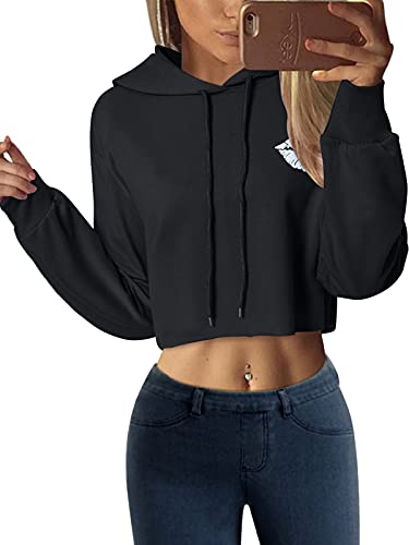 YOINS Sudadera con Capucha para Mujer Jersey de Manga Larga Suéter Corto Otoño Invierno Mujer Chándal Negro S