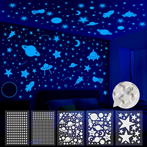 Yosemy 3D Luminoso Pegatinas de Pared Luna Estrellas Fluorescentes para Techo Pegatinas de Pared para Niños Estrellas Luminosas Pegatinas Adhesivos Decoración para Dormitorio Estrellado Azul 590PCS