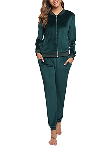 Youngull Traje de Terciopelo Para Mujer Invierno Conjunto Chándal Deportivas Sudaderas con Cremallera y Pantalones Completo Chandal Pijamas Casual Gimnasio Correr(Verde,S)