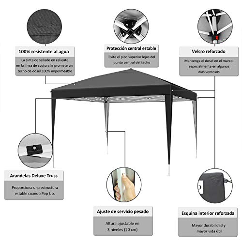 YUEBO Carpa 3x3 m Carpas de Camping Impermeables Gazebo Plegable Protección UV Cenador Jardin Pergolas Desmontables Carpas para Exteriores,Playa,Terraza