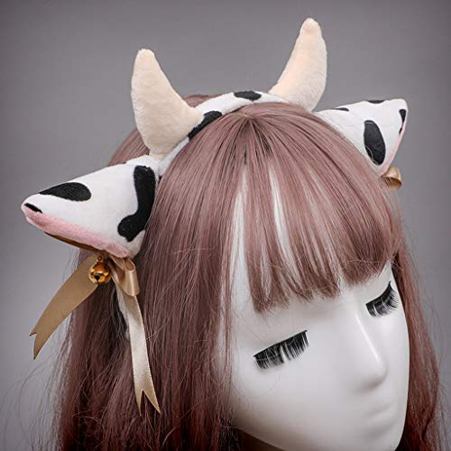 YUSHU Diadema de orejas de vaca de felpa con lazo de cinta de campanas Anime Lolita Cosplay, aro de pelo de orejas de vaca de felpa Diadema de cuerno, linda diadema para mujeres y niñas