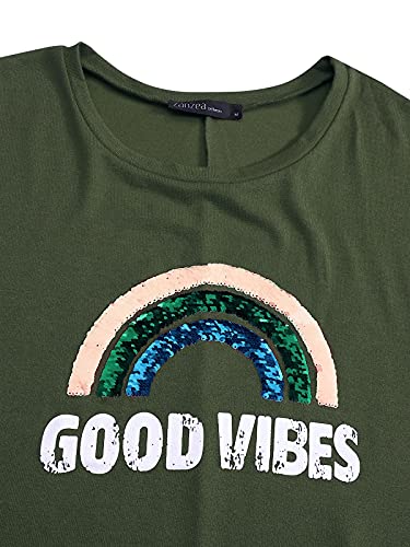 ZANZEA Mujer Camisetas Manga Larga Irregular Tallas Grandes Top Jersey Manga de Murciélago Estampado Arcoíris Ejercito Verde 3XL