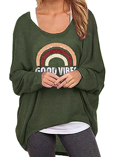 ZANZEA Mujer Camisetas Manga Larga Irregular Tallas Grandes Top Jersey Manga de Murciélago Estampado Arcoíris Ejercito Verde 3XL