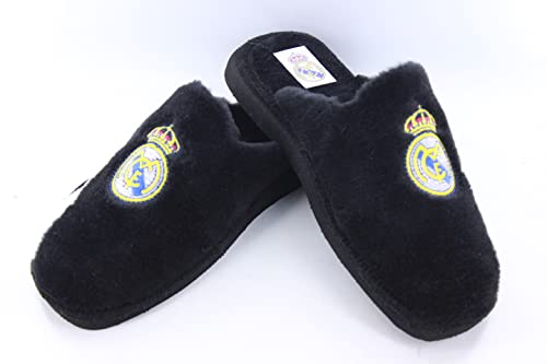 Zapatillas Casa Real Madrid para Hombre y niño Color: Negro Talla: 46 - Equipo futbol Escudo Real Madrid con licencia oficial. Fabricadas por Marpen.