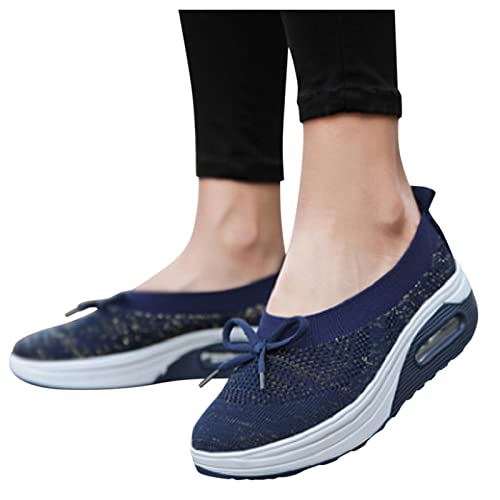 Zapatillas de moda para mujer, con fondo plano, de malla transpirable y con talones compensados, zapatillas de running, para exteriores, para correr, senderismo, senderismo, tennis, azul, 42 EU