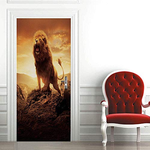 ZCFGG 3D Etiqueta de Puerta Autoadhesiva Extraíble Impermeable León animal en la cima de la montaña 77 x 200cm Dormitorio Para el Hogar Baño Sala de Estar Dormitorio de Niños Niñas