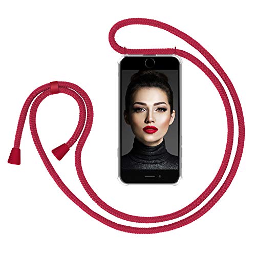 ZhinkArts Cadena para Teléfono Móvil Compatible con Apple iPhone 7/8 / SE (2020) - Funda con Collar de Cordón para Smartphone - Carcasa con Correa para Celular para Llevar - Rojo/Rojo