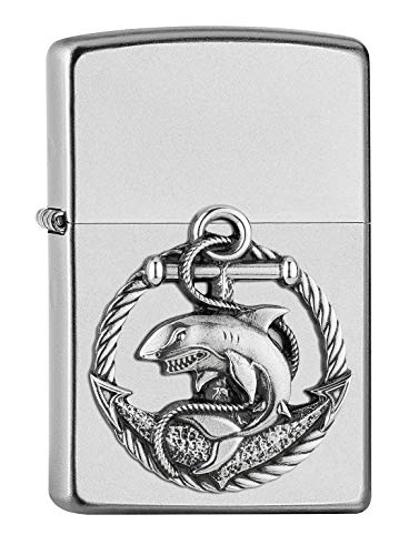 ZIPPO Mechero de Gasolina Recargable con Emblema de Shark, Cromado Satinado, en Caja de Regalo