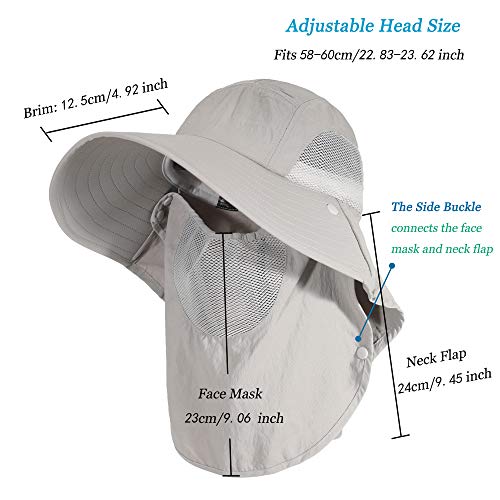 ZLYC Sombrero de ala ancha para hombre con solapa para el cuello en la cara, protección solar al aire libre, safari pesca - gris - Large