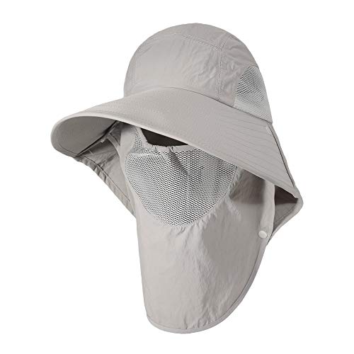 ZLYC Sombrero de ala ancha para hombre con solapa para el cuello en la cara, protección solar al aire libre, safari pesca - gris - Large