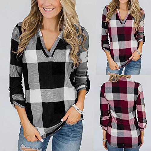 ZODOF Mujer Camiseta Roll Up Manga Larga con Cuello en V botón de Tela Escocesa impresión Bolsillo Blusa Top Camisetas Manga Larga Solapa Camisa,Chica Casual Blusa Solapa Camisetas