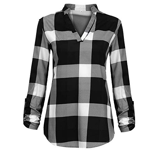 ZODOF Mujer Camiseta Roll Up Manga Larga con Cuello en V botón de Tela Escocesa impresión Bolsillo Blusa Top Camisetas Manga Larga Solapa Camisa,Chica Casual Blusa Solapa Camisetas