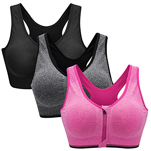 ZOEREA Sujetador Cierre Delantero Deportivo para Mujer Gimnasio Ropa con Almohadillas Extraíbles para Correr Sin Costuras Yoga Fitness，Negro + Gris + Rosa，XL