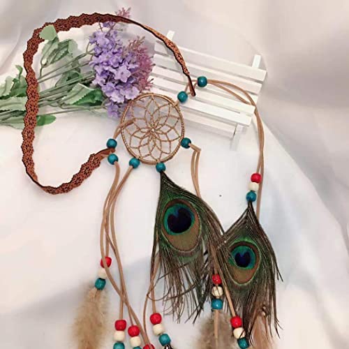 Zoestar Diadema bohemia de plumas de pavo real,color caqui,estilo indio hippie,cadena de cabeza tribal de los años 20,joyería para el cabello,accesorios retro para el cabello para mujeres y niñas