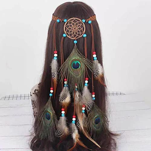 Zoestar Diadema bohemia de plumas de pavo real,color caqui,estilo indio hippie,cadena de cabeza tribal de los años 20,joyería para el cabello,accesorios retro para el cabello para mujeres y niñas