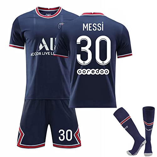 3 piezas P-S-G Jersey Kit camisetas de fútbol 2021/22, n. ° 30 camisetas y pantalones cortos de entrenamiento deportivo para adultos / niños, juego para niños, niños, regalo,azul,niño-24