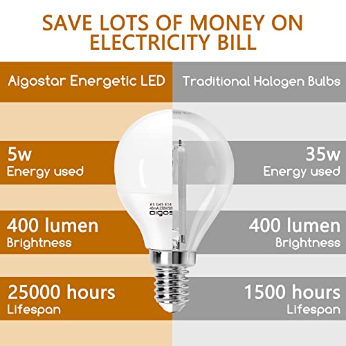 Aigostar Bombilla LED E14,5W Equivalente a 35W,Luz Cálida 3000K,400 Lúmen,Bombillas Casquillo Fino,Ahorro de Energía,No Regulable,G45,Pack De 5