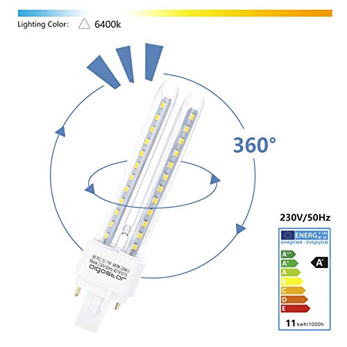 Aigostar- Pack de 5 Bombillas LED PLC 2U, tubo de11 W Maiz G24, Luz fría 6400K