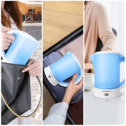 Aigostar Travel Hervidor de Agua Eléctrico Compacto de 0,6 Litro, Libre de BPA, 650W Hervidor Agua Pequeño, Incluye dos tazas y dos cucharas de regalo, Filtro Antical, Apagado Automático, Azul