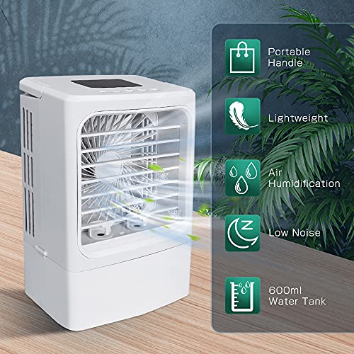 Aire Acondicionado Portatil, Mini enfriador de aire, Purificador de Humidificador de Ventilador Enfriador 4 en 1, tanque de agua de 600 ml, 3 Velocidades, 2/4h Temporizador, 7 Colores LED