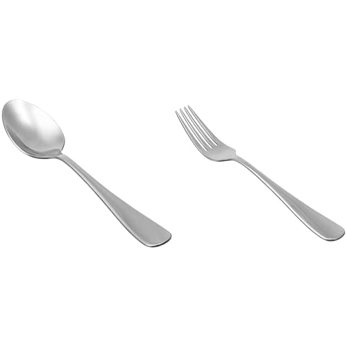 Amazon Basics - Cucharas de sopa de acero inoxidable, con punta redonda, juego de 12 + Tenedores de mesa de acero inoxidable, con punta redonda, juego de 12