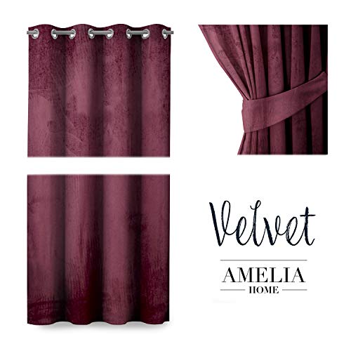 AmeliaHome Cortina de Terciopelo con Aspecto de Terciopelo, 140 x 245 cm, Color Burdeos, 1 Unidad, Cortina Opaca para Ventana, Ligera, Brillante, Decorativa, Cortina Decorativa