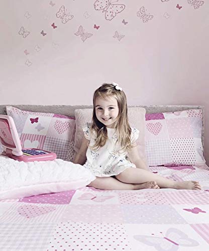 Bloomsbury Mill - Juego de cama para niño - Funda nórdica y funda de almohada 135cm x 200cm - Diseño patchwork de corazones y mariposas