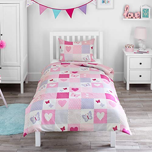 Bloomsbury Mill - Juego de cama para niño - Funda nórdica y funda de almohada 135cm x 200cm - Diseño patchwork de corazones y mariposas