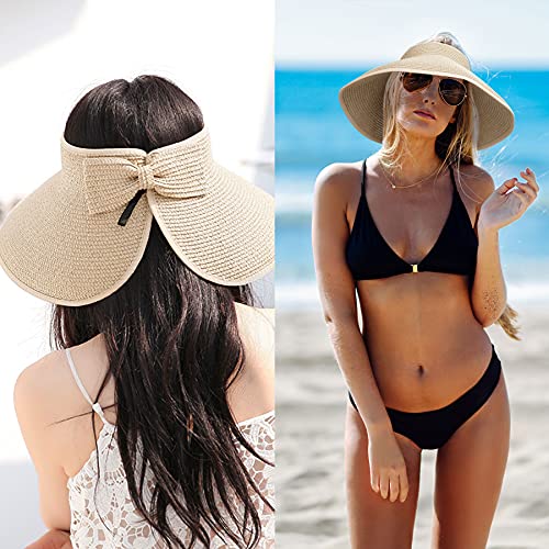 BLURBE Grande Mujer Sombrero de Paja de Visera Plegable - Sombreros de Verano con Lazo para la Playa de Sol,para Hacer Senderismo Proteccion Solar (Beige)