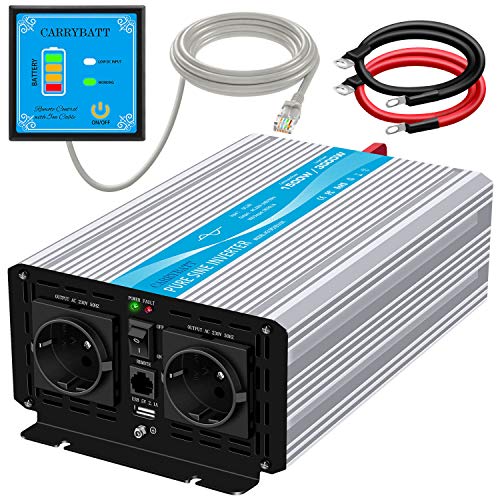 CARRYBATT 1500W Inversor de Corriente DC 12V a 220V 230V Onda sinusoidal Pura Transformador Convertidor con Mando a Distancia & Salidas de 2 AC y 1 Puerto USB para Móviles