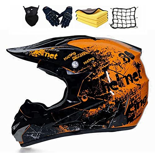 Casco de Motocross,Conjunto de Casco Cruzado de Motocicleta para niños,Casco de Enduro de Descenso, Casco Integral,Casco Todoterreno ATV BMX para niños y jóvenes (Naranja)