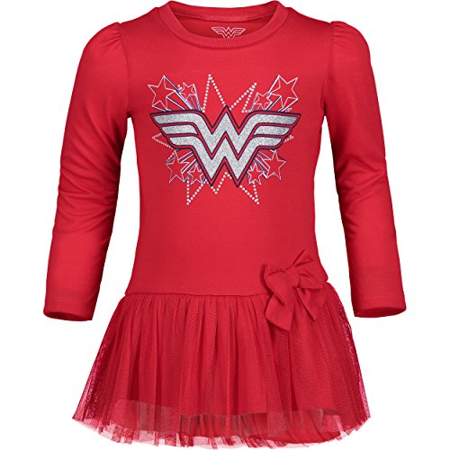 Conjunto de Wonder Woman con Mallas, Túnica de Manga Larga y Volantes, y Lazo Rojo para Bebé Niña, 18 Meses