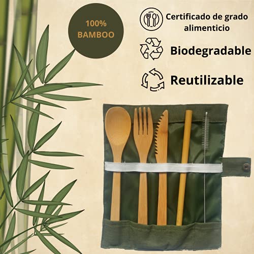 CUBIERTOS DE BAMBÚ Reutilizables | Cubiertos madera ecológicos |Utensilios madera | Set para picnic | Set cubiertos para camping | Cucharada, tenedor, cuchillo, pajita y cepillo de limpieza