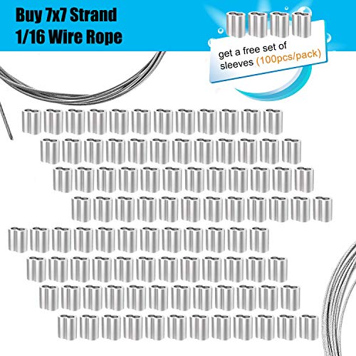 Cuerda de alambre de 1/16, cable de acero inoxidable 304, cable de avión de 100m de longitud, núcleo de 7 x 7 hilos, resistencia a la rotura de 167 kg con 100 abrazaderas de aluminio engarzado