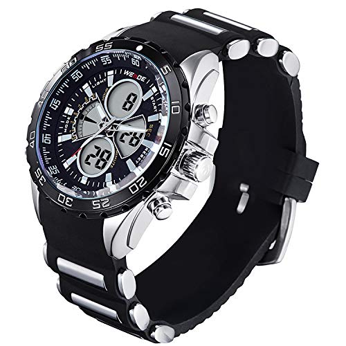 CursOnline® Elegante reloj de pulsera para hombre WH-1103R doble horario analógico y digital, LED y cuarzo, correa de caucho suave, resistente al agua, luz LED, alarma y fecha. Color negro.